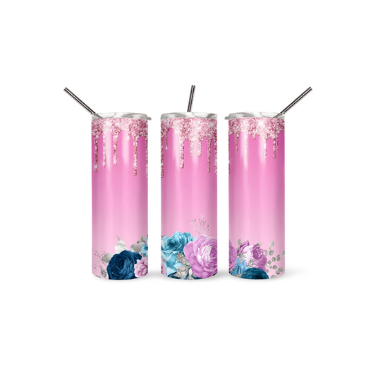 Pink Drip Floral Tumbler