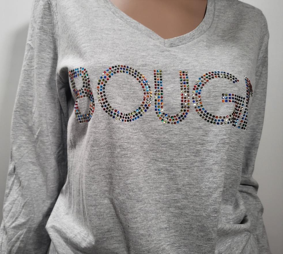 Bougie Rhinestone V-neck Long Sleeve T-shirt - (Gray)