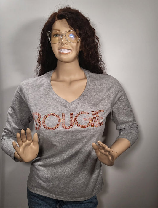 Bougie Rhinestone V-neck Long Sleeve T-shirt - (Gray)